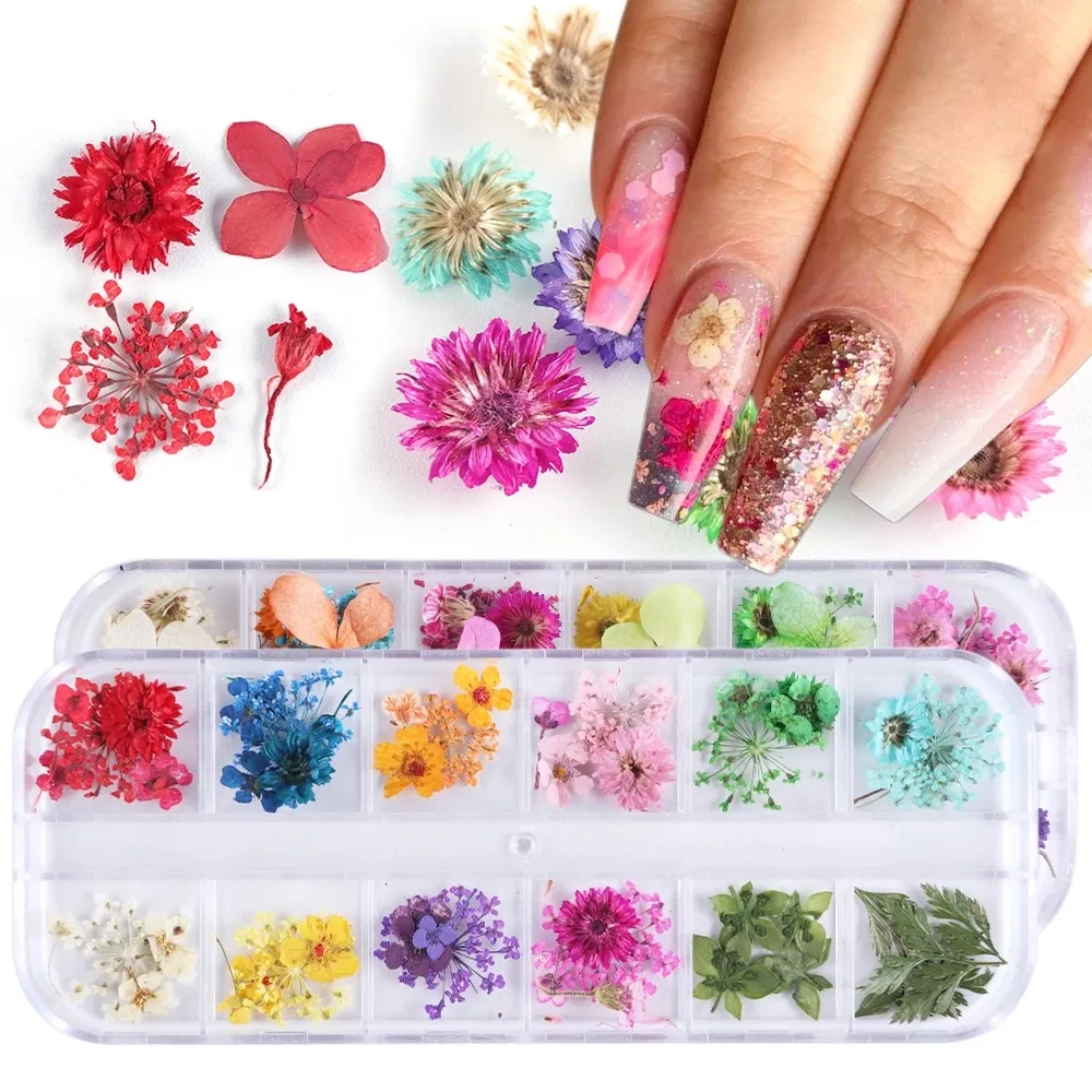 Mix Dried Flowers Natural Floral Leaf Nail Stickers 3D Decals Polish Manicure Accessories