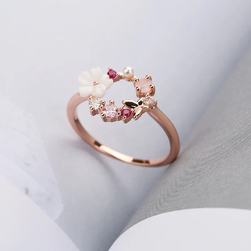 Mode Creatieve Vlinder Bloemen Crystal Finger Trouwringen Voor Vrouwen Rose Goud Zirkoon Glamour Ring Sieraden Meisje Gift Bijoux