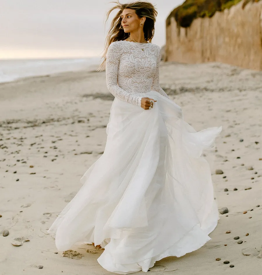 Robe De Mariée De Plage Blanche Simple Avec Haut À Manches Longues En Dentelle Une Ligne Tulle Robes De Mariée Bohème Sexy Bas Dos Nu Pays Robe De Mariée Femmes Robe De Novia 2022