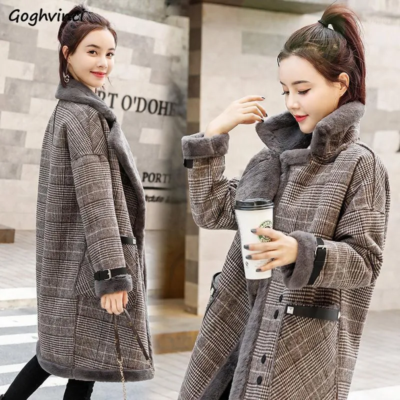 여성용 양모 블렌드 여성용 체크 무늬 두꺼운 플러스 사이즈 Fashionas Long Womens Winter Coats Harajuku Clothes 따뜻한 우아한 한국식 캐주얼