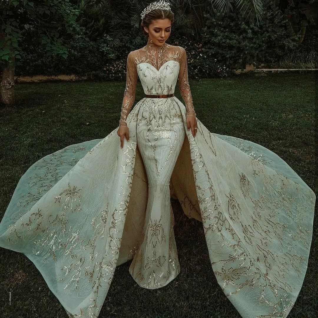 Vintage Saudi Arabic Sequin Wedding Dress Overskirt with Detachable Train, Lace Sheer Long Sleeves, and Bridal Gown - Robes de marie
