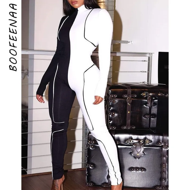 BOOFEENAA Fitness à manches longues Bodycon Jumpsuit hiver deux couleurs Splicing Striped Jump Suits pour les femmes Sexy Party Barboteuses C87-AF5 T200509