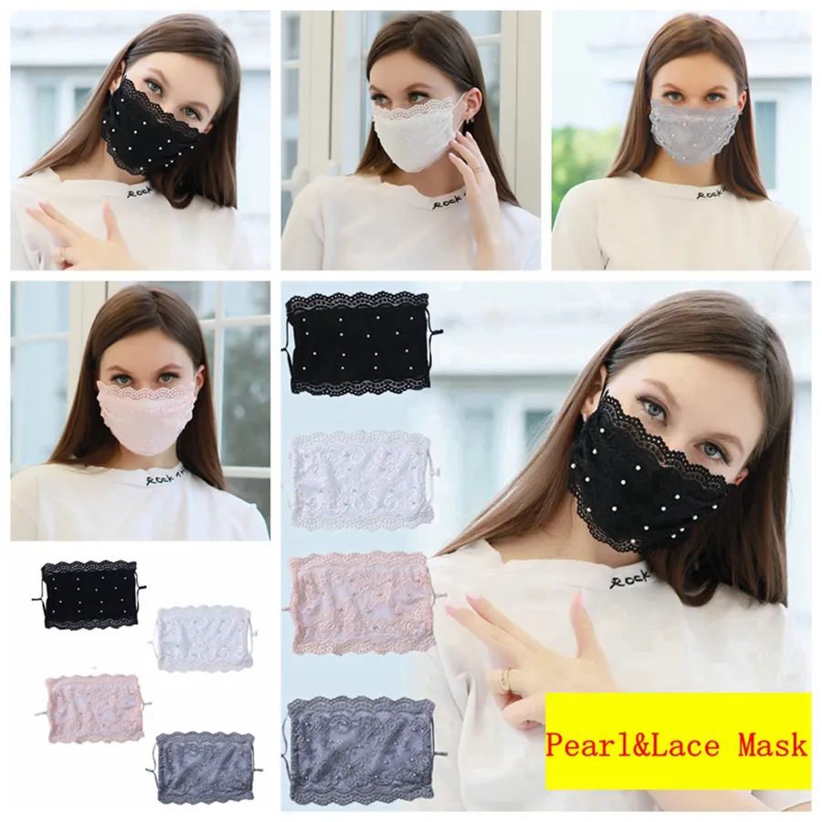 Máscara Máscaras do desenhador de moda Pérola Rosto Lace ajustável Circuito Anti-poeira lavável Máscara Facial Máscara reutilizável Ice Silk para adultos 4 cores RRA3753