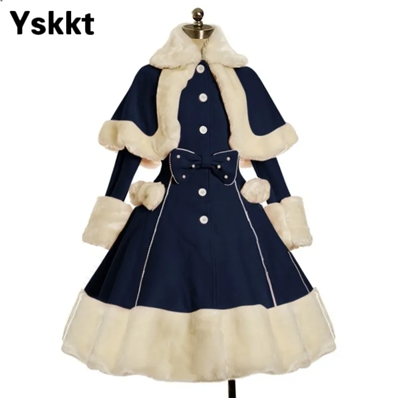 Yskkt Women Lolita Winter Coat Warm Fur Collar Bowknot Dress Jacket Fashion Sweet Princess Breasted Overcoat Halloween Costume 201212