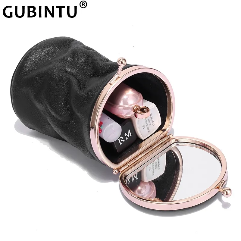 Makeup Case Unique Cylindrical Perfume Eyebrow Pencil Organizer Pouch Genuine Oil Wax Leather Portable Lipstick Bag with Mirror Y200714