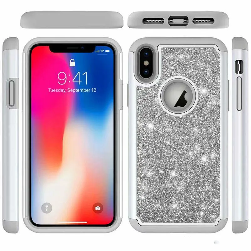 2 in 1 Bling Glitter Shockproof Soft Silicone+PC Cover Case for Samsung S8 S9 S10 S20 Note10 Note20Ultra A20 A30 A50 A51 A71