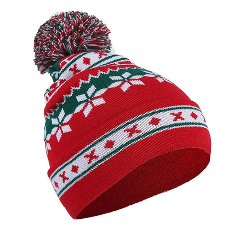 女の子のクリスマスニットスノーフレークプリントビーニーズ女性スラツィウールポンソン帽子冬暖かいクリスマススキーキャップ祭ギフト