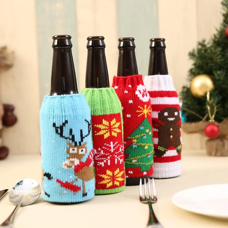 Christmas Knitted Wine Bottle Cover Party Favor Xmas Beer Wines Bags Santa Snowman Moose Beers Bottles Covers WY1507