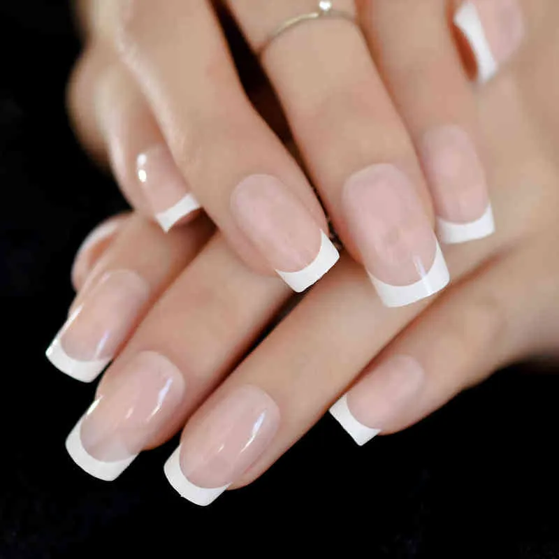 Falska naglar Hej Paris Klassisk fransk nagel Medium Naturliga Konstgjorda Nails Square White Style Smile Line FinesNails 220225
