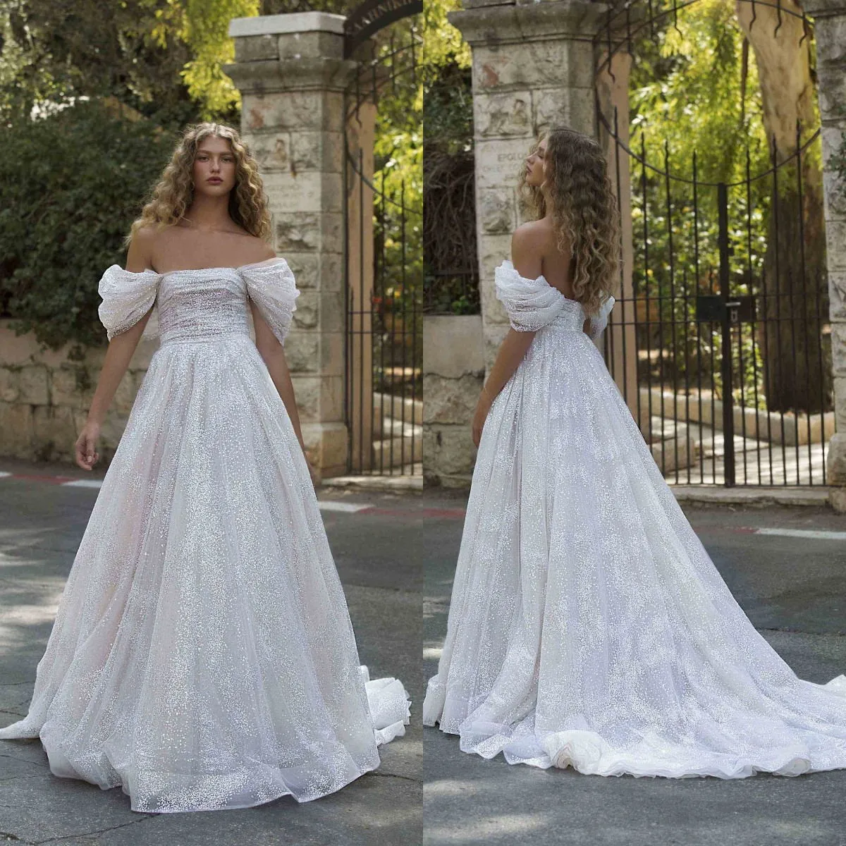 Bling Bling Bir Çizgi Gelinlik Glitter Kapalı Omuz Kısa Kollu Gelin Törenlerinde Robes De Mariée Sequins Backless Gelinlik