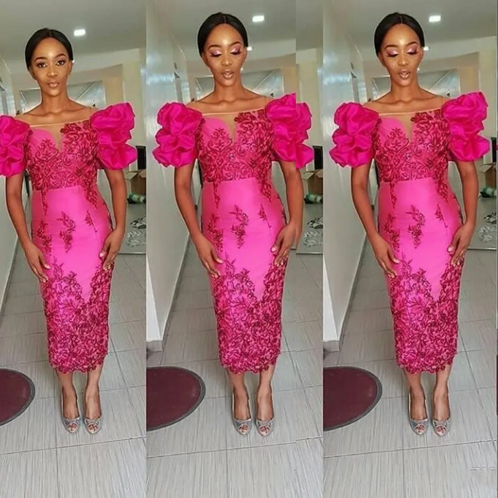 2021 New African Fuchsia Cocktail Dresses Bateau Off Shoulder Lace Appliques Sheath Tea Length Black Girl African Formal Pageant Prom Gowns