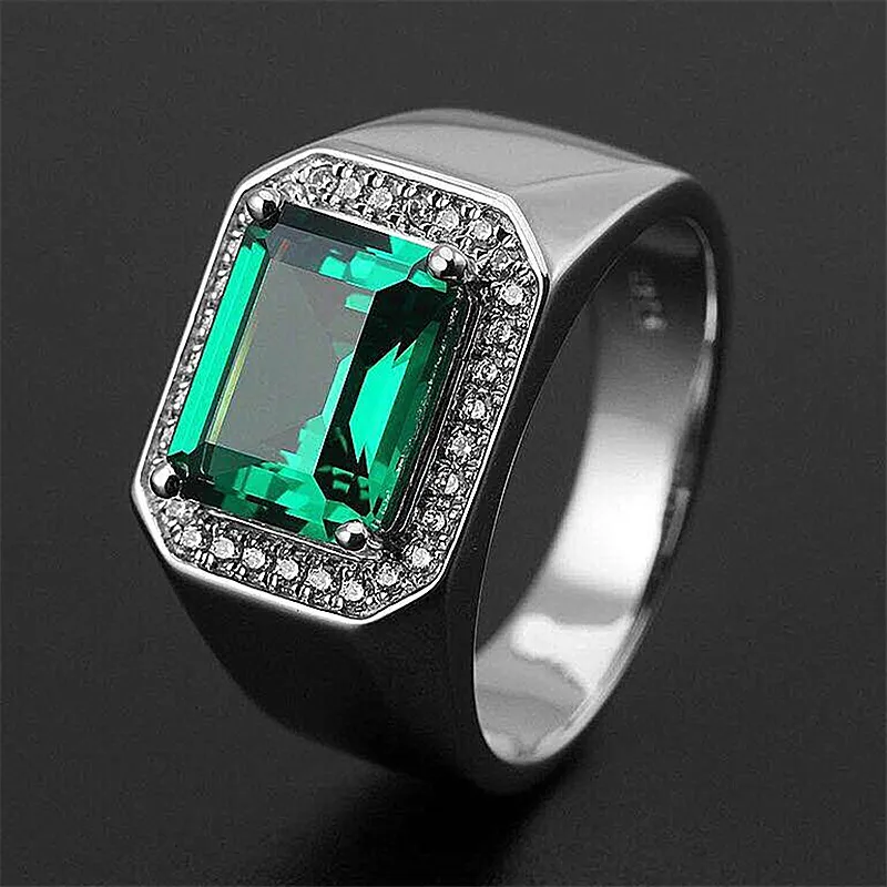 Emerald Cut Green Stone Ring Male Diamond Ring Silver Batled Jewelry for Men