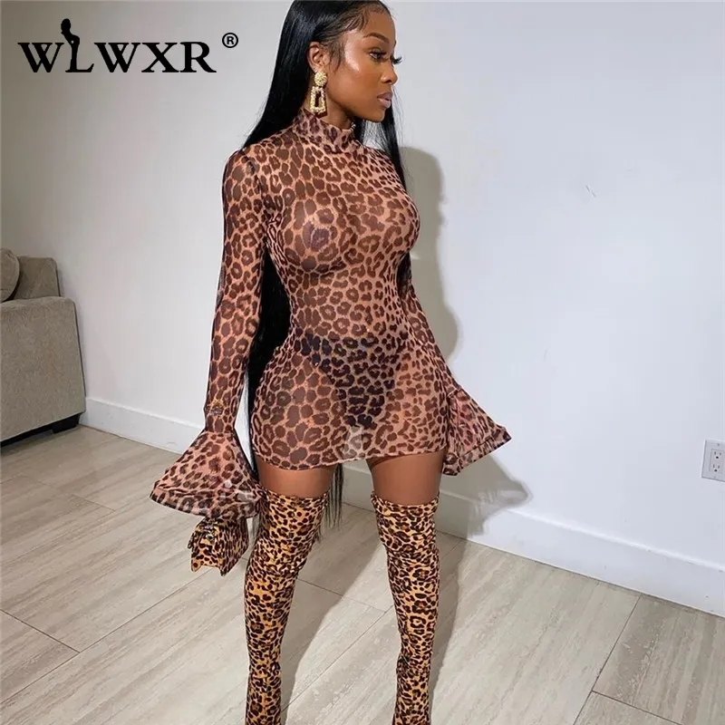 WLWXR Trasparente Leopardo Sexy Mesh Dress Donna Manica lunga aderente Mini abito femminile Club Wear Party Wrap Ladies Abiti corti T200708