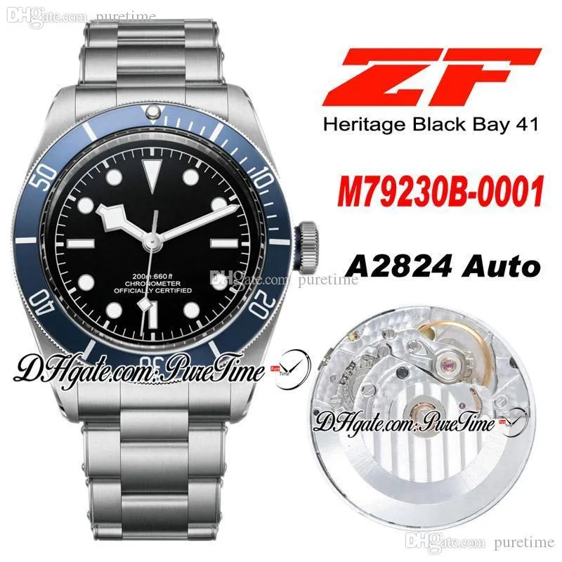 ZF 2016 Shield 41mm A2824 Montre automatique pour homme Lunette bleue Cadran noir Bracelet en acier inoxydable Meilleure édition eta Puretime PTTD C10b2