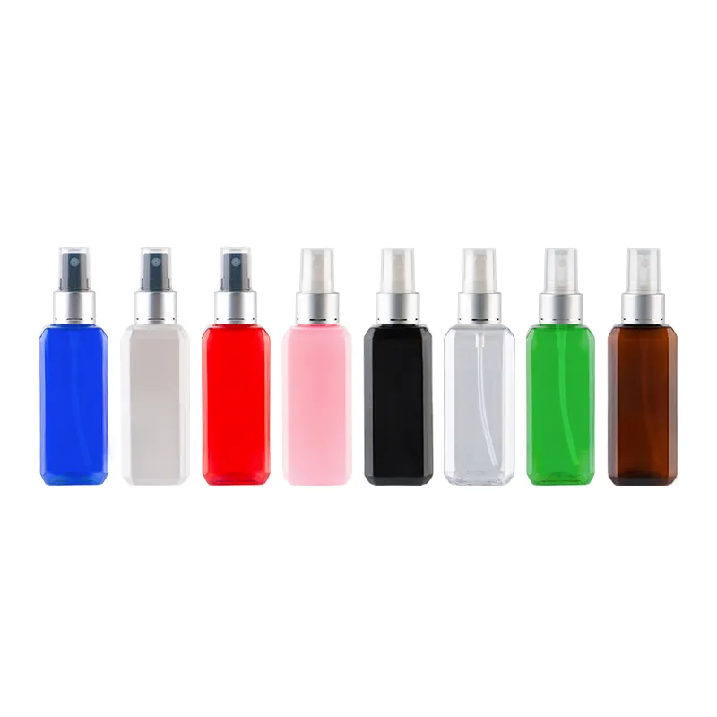 50 ml x 50 hoge kwaliteit plastic mist spuitpomp met zilveren aluminium kraag lege cosmetische vierkante container voor parfum vloeistof