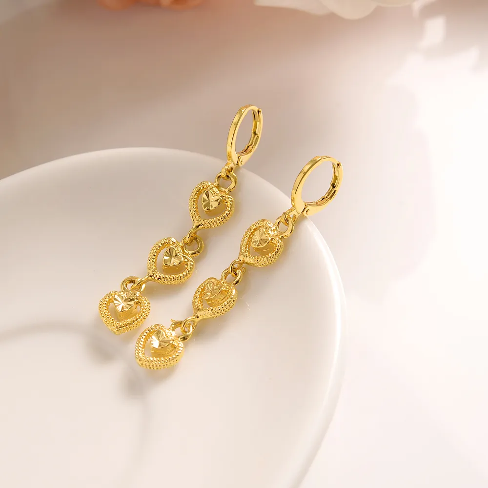 14 k or massif jaune rempli Boucles d'oreilles 3 coeur de connexion allongement des femmes Grand Amour à la mode bijoux de mode africaine du Moyen-Orient meilleur cadeau