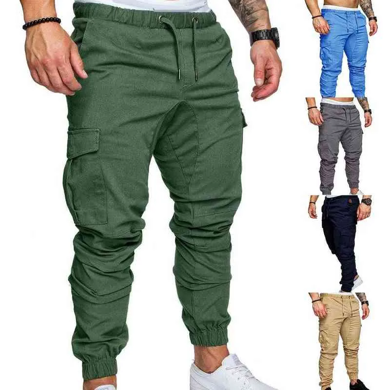 Män avslappnad solid färgfickor midja dragskon fotled bunden mager lastbyxor celana Panjang Pria Salopette Homme Trendy H1223