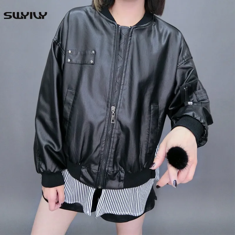 SWYIVY Women Coats PU Leather Jacket 2019 Spring New Female Motobiker Loose Coat L Woman Black Cool Leather Jacket Coats Outwear