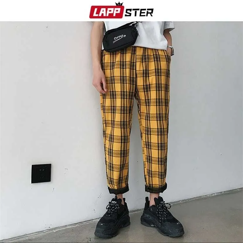 Lappster Streetwear Желтые клетчатые брюки Мужчины Joggers Человек Повседневная прямая гарем Корейский хип-хоп след плюс размер 220122