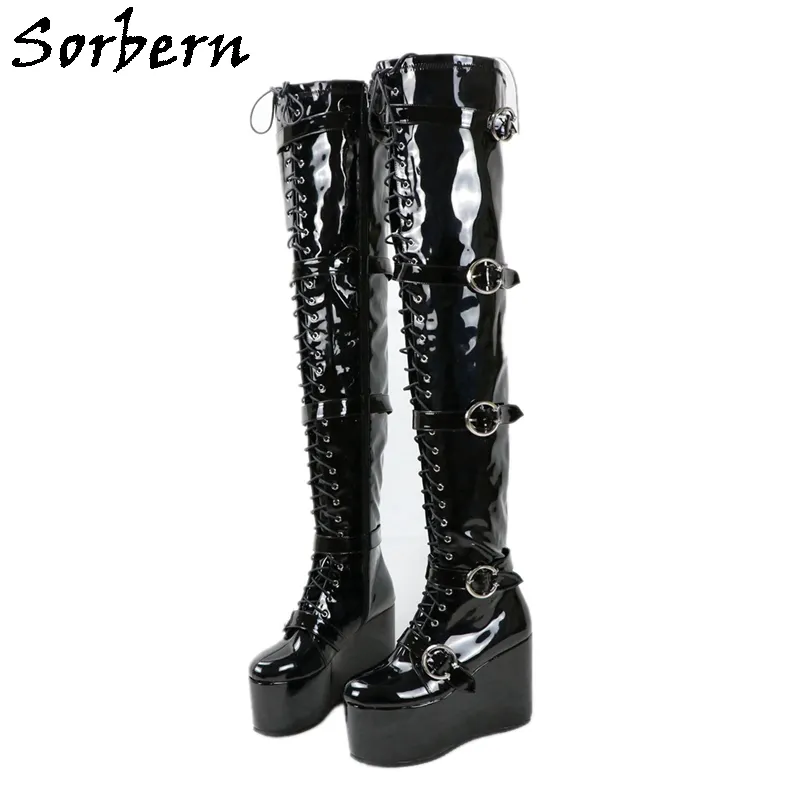 Sorbern Thigh High Chunky Buckle Boot Wedges Platform High Heels 5 Inch Round Toe Custom Drag Queen Crossdresser Boots Cosplay