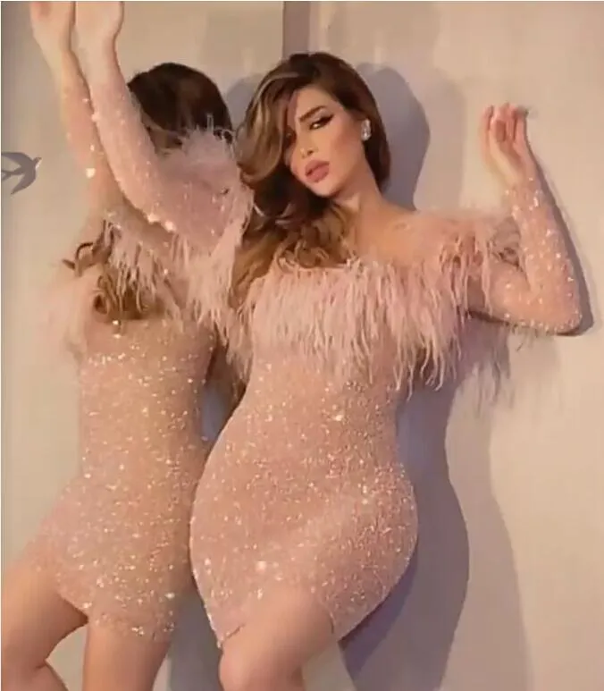 Mulheres vestido vestido de noite vestido cor-de-rosa pérolas de penas yousef aljasmi kendal jenner mulheres vestido kim kardashian manga longa bainha mini