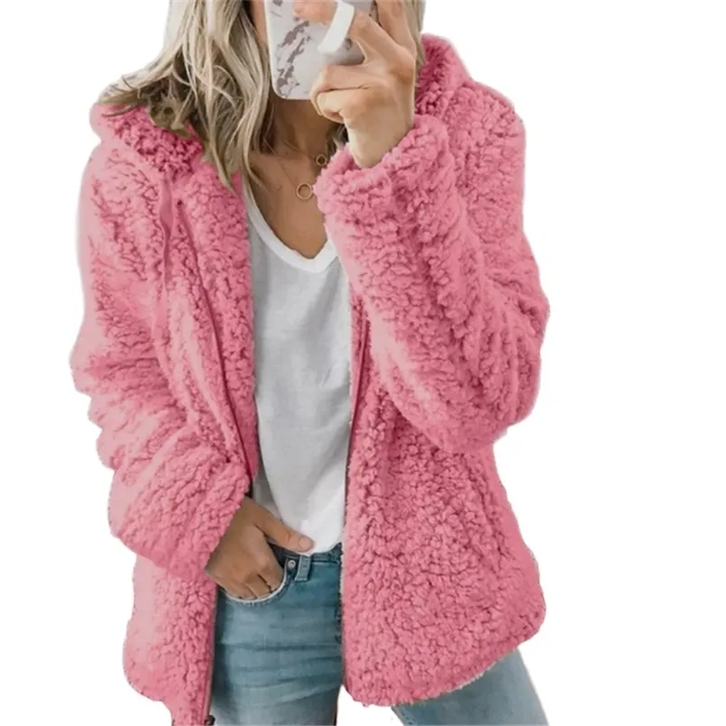 Women Autumn Winter Jacket Female Coat Causal Soft Hooded Fleece Plush Warm Plus Size Fur Fluffy Zipper top Sudadera 211221