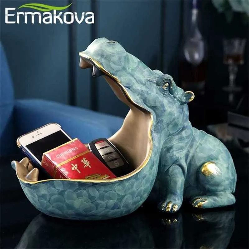 ERMAKOVA Resina Ippopotamo Statua Ippopotamo Scultura Figurine Chiave Contenitore di caramelle Decorazione Accessori per la tavola di casa 220115