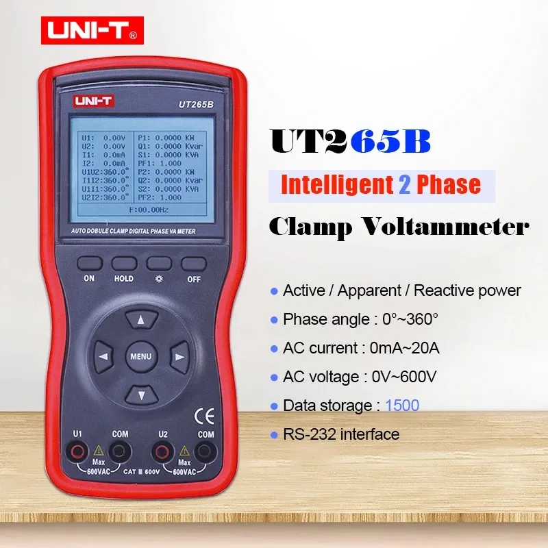 UNI-T UT265B 2/3 طور المشبك الفولتميتر ؛ طور مزدوج المشبك فولت أمبير مقياس قوة رد الفعل النشطة ظاهريًا تخزين البيانات RS-232