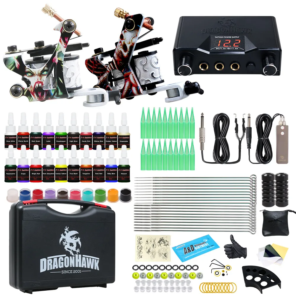 Complete tattoo kit 2 machines voeding naalden inkten grip draagtas HW-8GD-9