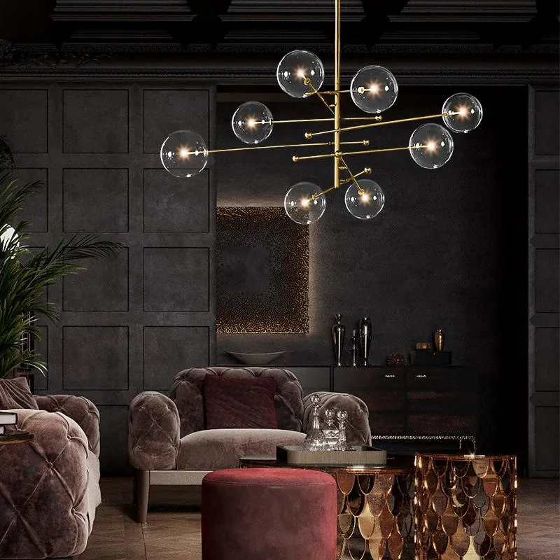 EMS 2020 modern design glass ball chandelier 6 heads clear glass bubble lamp chandelier for living room kitchen black/gold light fixture