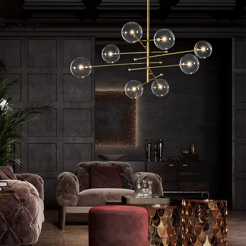 EMS 2020 Modern Design Glass Ball Chandelier 6 głowy Clear Glass Bubble Lampa Żyrandol do salonu Kuchnia Czarny / Złoty Oświetlenie światła