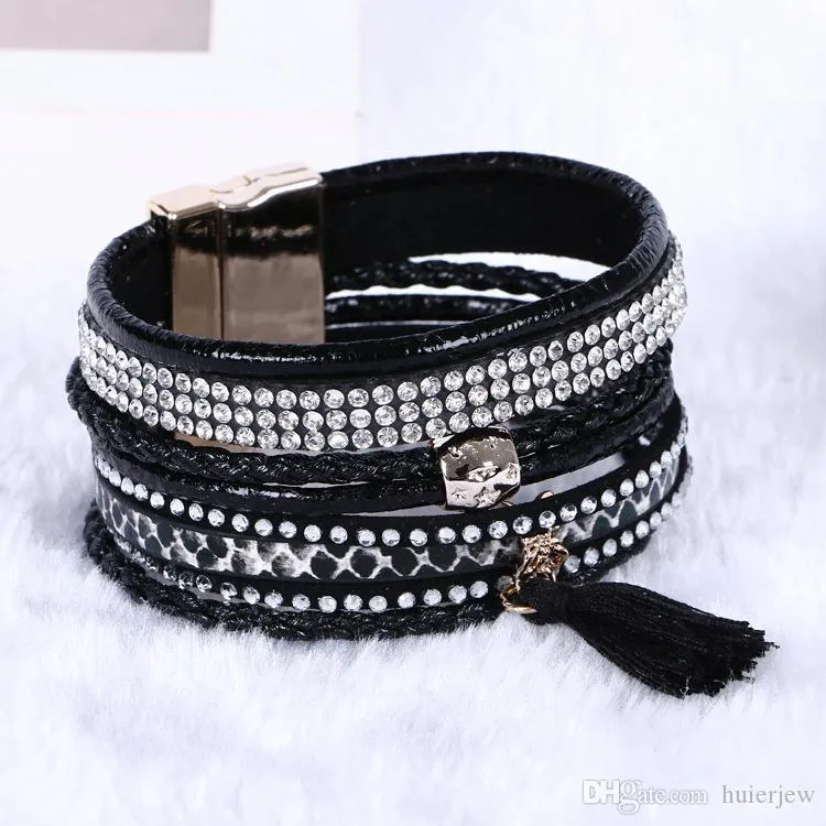 Multilayer Läderarmband Rhinestone Bohemian Tassel Magnetiska Armband Bangles