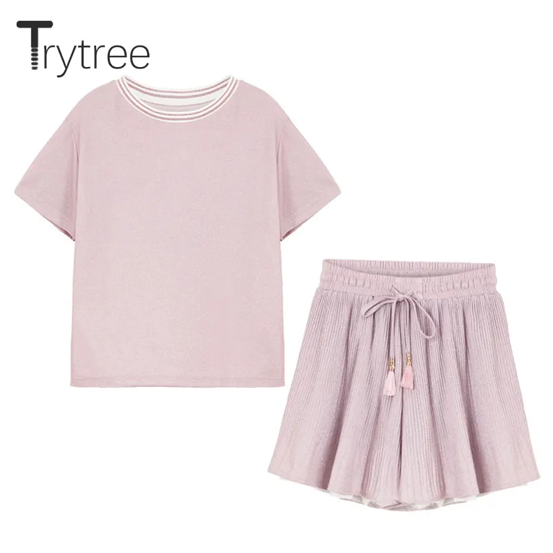 Trytree Women Summer top in due pezzi Top moda casual + pantaloncini Top femminile Office Poliestere Suit Set O-Collo 2 pezzi Set T200701