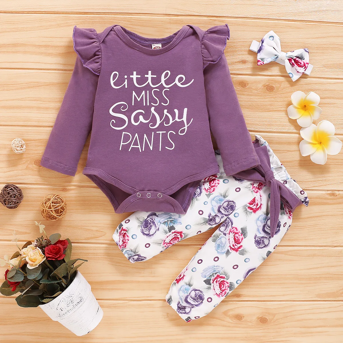 Baby Girls Одежда буквы с длинным рукавом комбинезон и цветок повязка длинные брюки с повязкой девочек детские одежды одежды наборы LJ201223