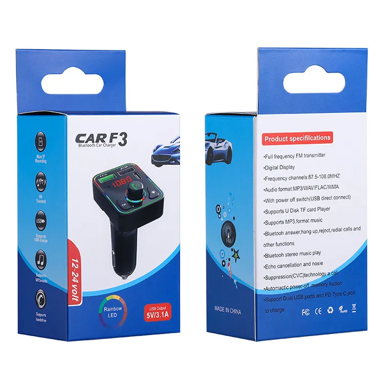 Сотовый телефон FM-передатчик F3 Car MP3-плеер Kit Universal 3.1A USB Type-C Wireless Bluetooth 5.0 поддерживает красочные светодиодные подсветки TF Cards