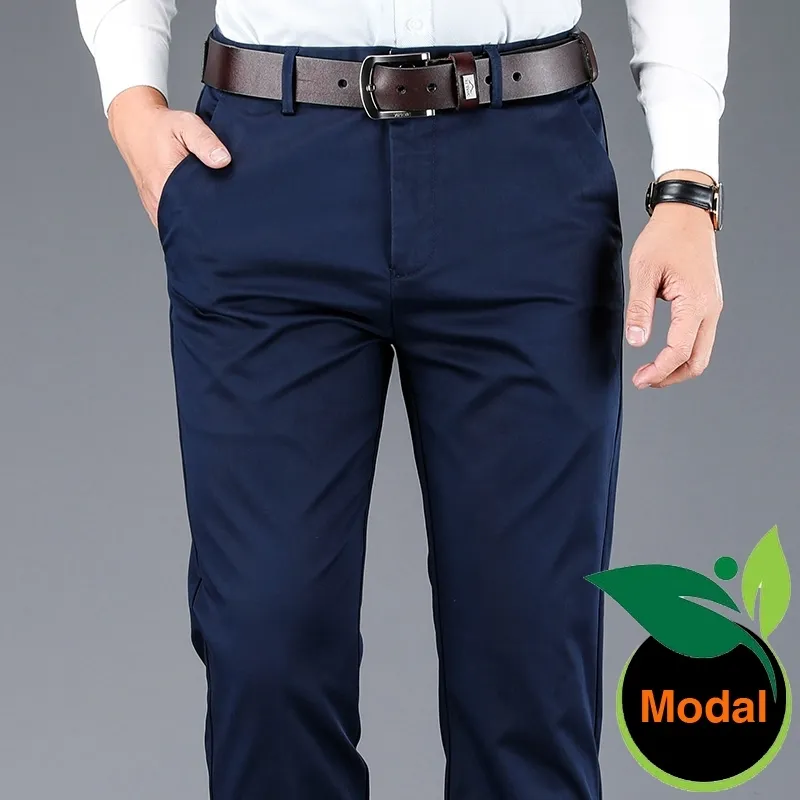 Pantalones casuales de negocios de 4 colores para hombres Pantalones rectos de alta calidad de tela modal Marca masculina Azul marino Gris claro Caqui Negro 201125