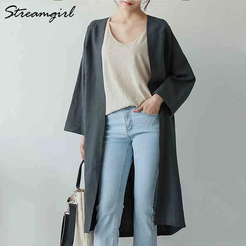 Streamgirl Automne Long Trench-Coat Pour Femmes Coton Lin Lâche Long Cardigan Grande Taille Automne Coton Kaki Trench Grande Taille 201102