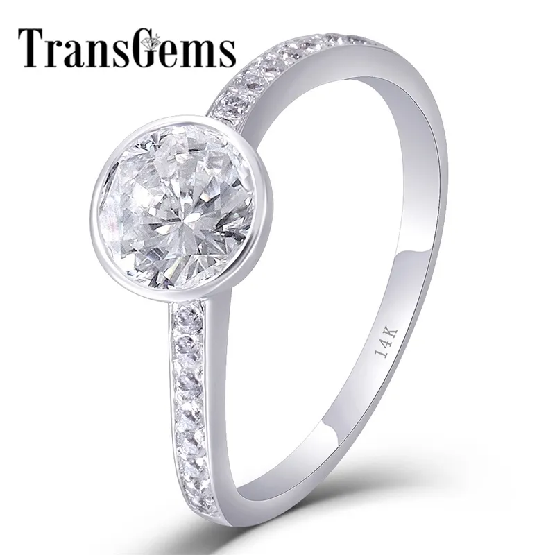 TransGems Solid 10K/14K White Gold Center 1ct 6.5MM F Color Moissanite Ring Wedding Band with Accents for Women Fine Jewellery Y200620