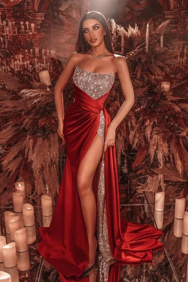 2022 Rouge Scoop Sirène Robes De Soirée Sans Manches Scintillant Paillettes Sexy Split Côté Robes De Bal Plus La Taille Robe De Soirée C0213267c