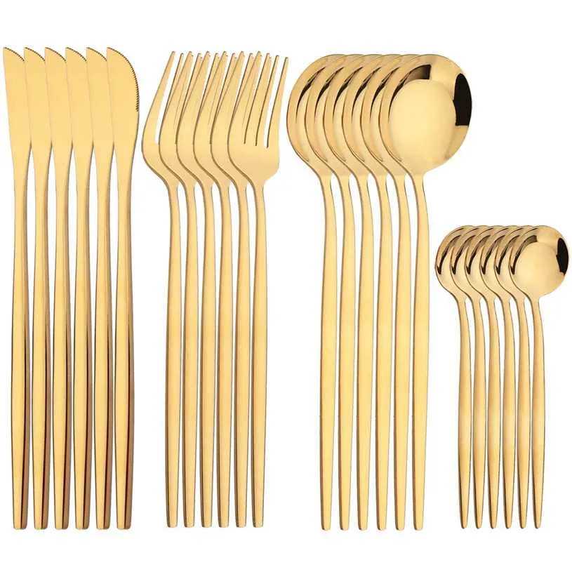 24 st GOLD DRYWARE SET ROUNTRESS STÅL BESTRIPE MIRROR SILVERWARE KNIFOR FORK SKOTT Bordsartiklar