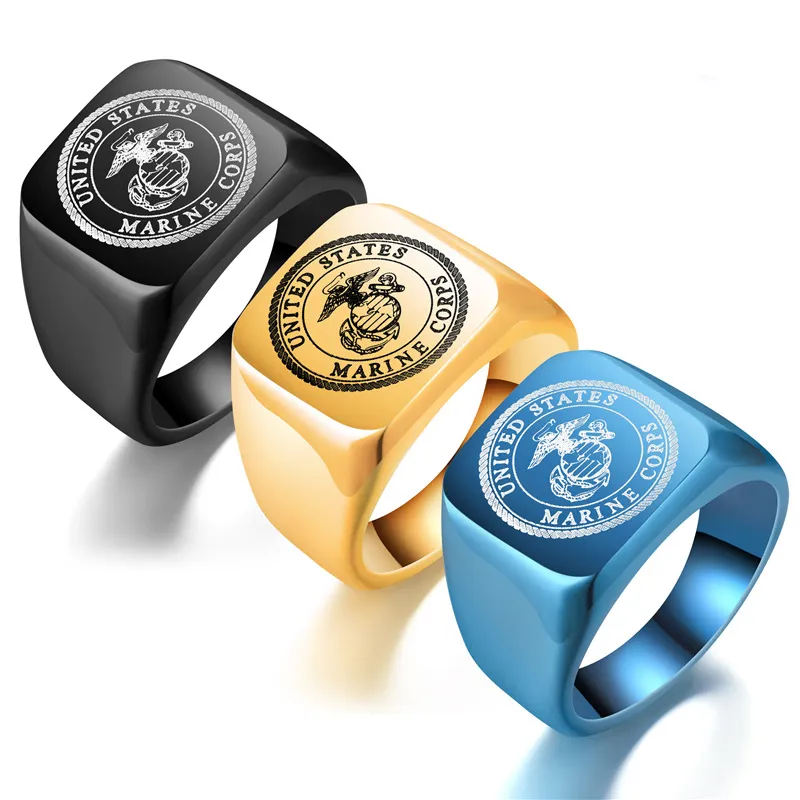 Customized Logo Stainless Steel Gold Bule Black American Soldiers Officers United States Marine Corps USMC Military Rings Jewelry For Men