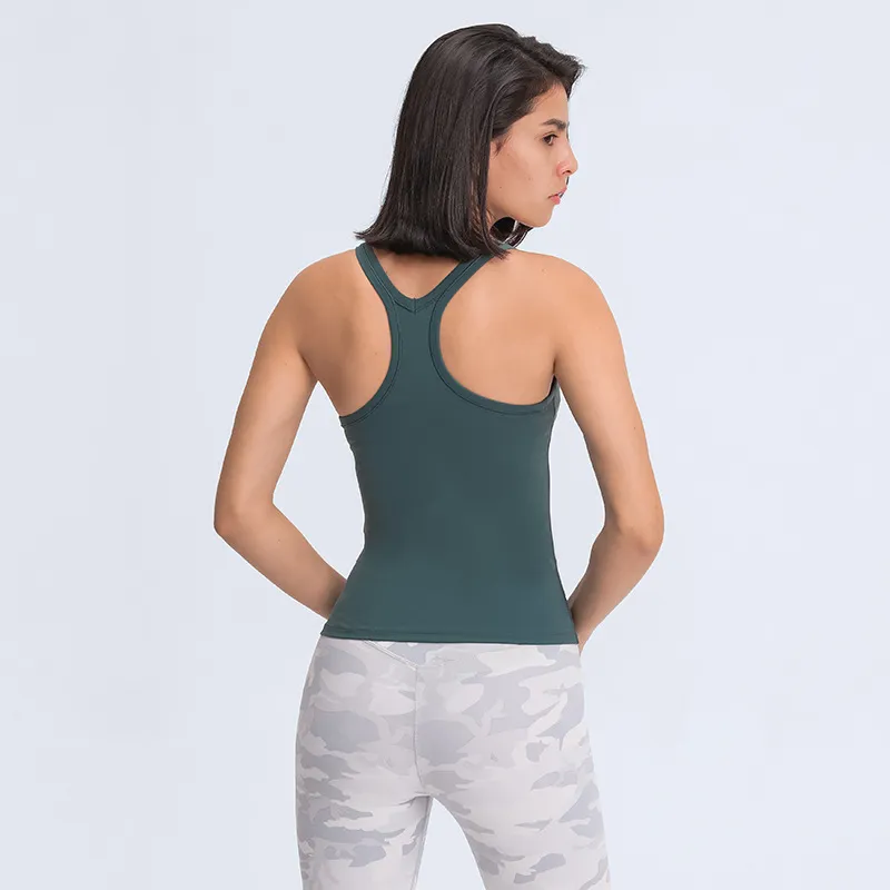 Kolsuz yoga yeleği T-Shirt LU-129 Düz Renkler Kadın Moda Açık Yoga Tankları Spor Koşu Spor Salonu Üstleri Giysi