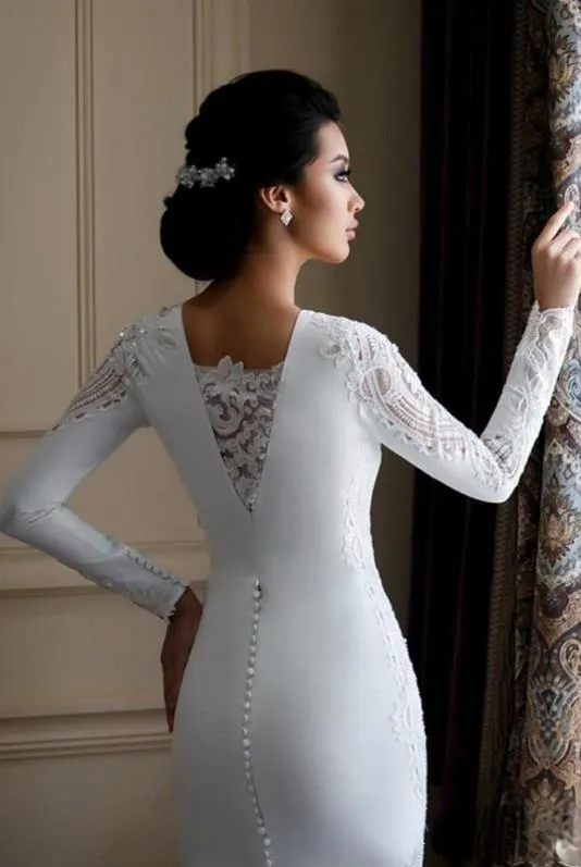 2020 Elegant Long Sleeve Mermaid Wedding Dress with Lace Appliqued Satin Boho Beach Wedding Gowns Sequined Vestido De Novia