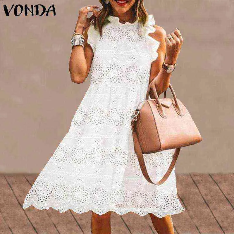 Koronkowa krótka sukienka 2021 Vonda Kobiety Summer Dress Bohemian Sexy Ruffles Sleeve Hollow Party Vestidos Bech Sundress Femme Robe Y220214