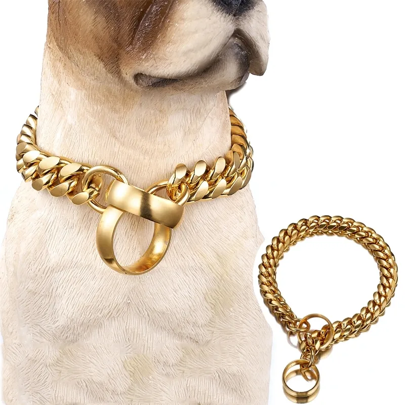 Collare a catena per cani moda 14mm Collari per cani antiscivolo in acciaio inossidabile dorato per cani di grossa taglia Collana a strozzo forte per bulldog francese 201125