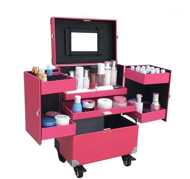 Pink Cosmetic Train Box Makeup Artist Case Locking Rolling Organizer Trolley Box Key1