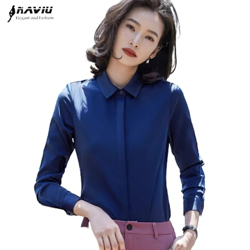 Bleu marine chemise formelle femmes à manches longues 2021 automne nouveau mince en mousseline de soie Blouses bureau dames haut de gamme affaires travail hauts