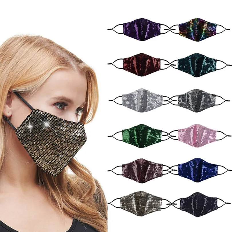 Bling Sequins Ansiktsmask Dammskyddad Skyddsmasker Tvättbar återanvändbar Elastisk Earloop Mouth Cycling Mask I lager HHA1685