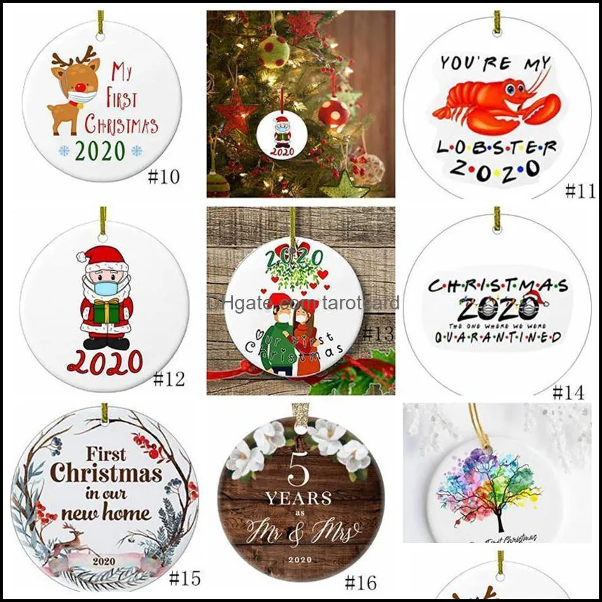 17style 2020 Ceramic Christmas Ornaments 3 Inch Round Christmas Tree Pendant Santa Wearing a Mask Christmas Decorations Wholesale