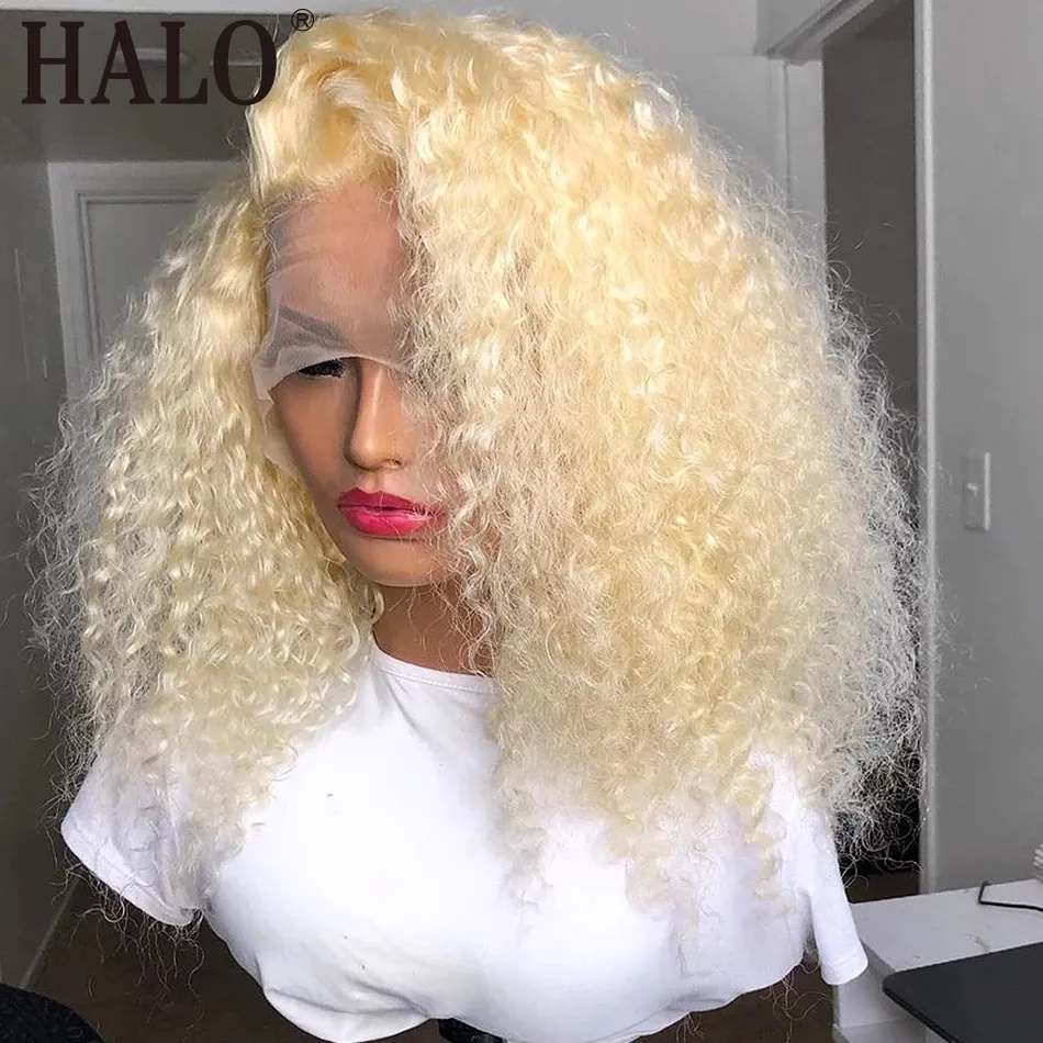 613 Blond Afro Kinky Curly syntetisk spetsfront peruker före plockad brasiliansk peruk för svarta kvinnor 180% densitet